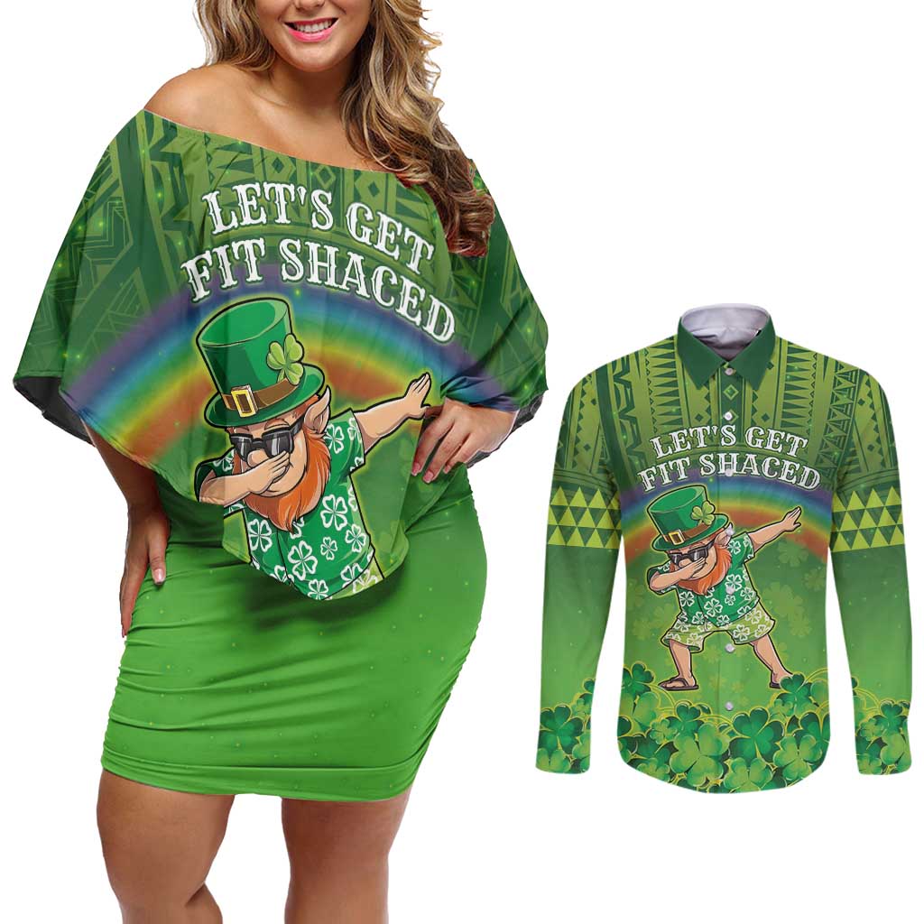 Personalised Hawaii Saint Patrick's Day Couples Matching Off Shoulder Short Dress and Long Sleeve Button Shirt Let's Get Fit Shaced LT05 Green - Polynesian Pride