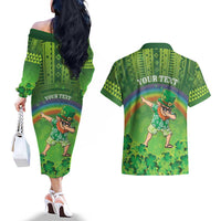 Personalised Hawaii Saint Patrick's Day Couples Matching Off The Shoulder Long Sleeve Dress and Hawaiian Shirt Let's Get Fit Shaced