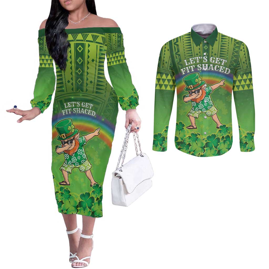 Personalised Hawaii Saint Patrick's Day Couples Matching Off The Shoulder Long Sleeve Dress and Long Sleeve Button Shirt Let's Get Fit Shaced LT05 Green - Polynesian Pride