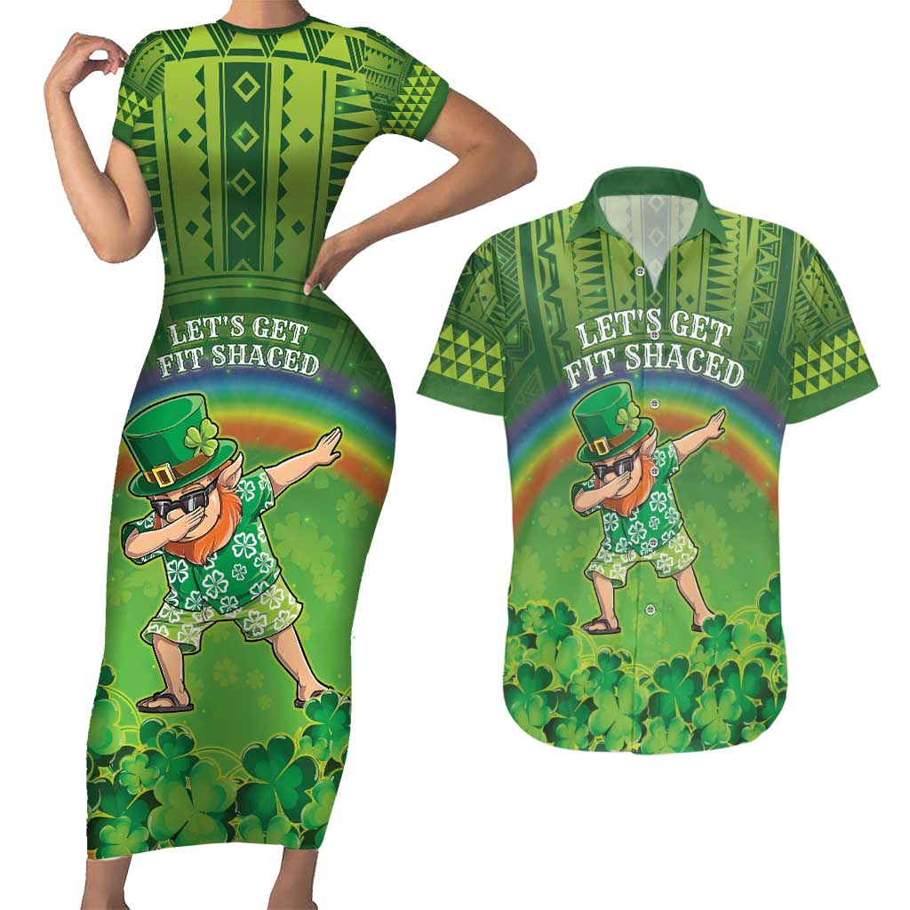 Personalised Hawaii Saint Patrick's Day Couples Matching Short Sleeve Bodycon Dress and Hawaiian Shirt Let's Get Fit Shaced LT05 Green - Polynesian Pride