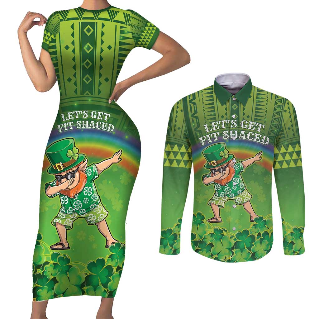 Personalised Hawaii Saint Patrick's Day Couples Matching Short Sleeve Bodycon Dress and Long Sleeve Button Shirt Let's Get Fit Shaced LT05 Green - Polynesian Pride