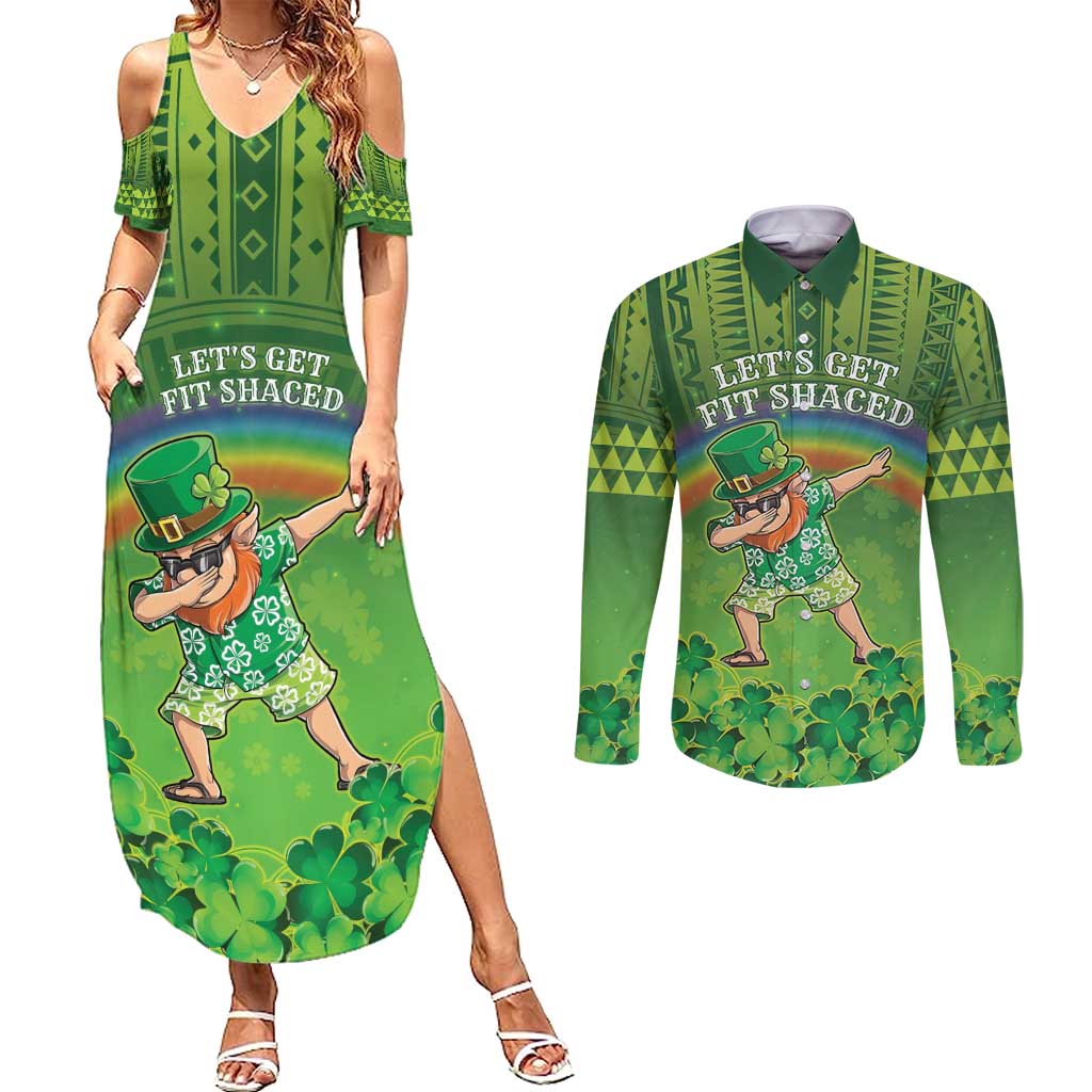 Personalised Hawaii Saint Patrick's Day Couples Matching Summer Maxi Dress and Long Sleeve Button Shirt Let's Get Fit Shaced LT05 Green - Polynesian Pride
