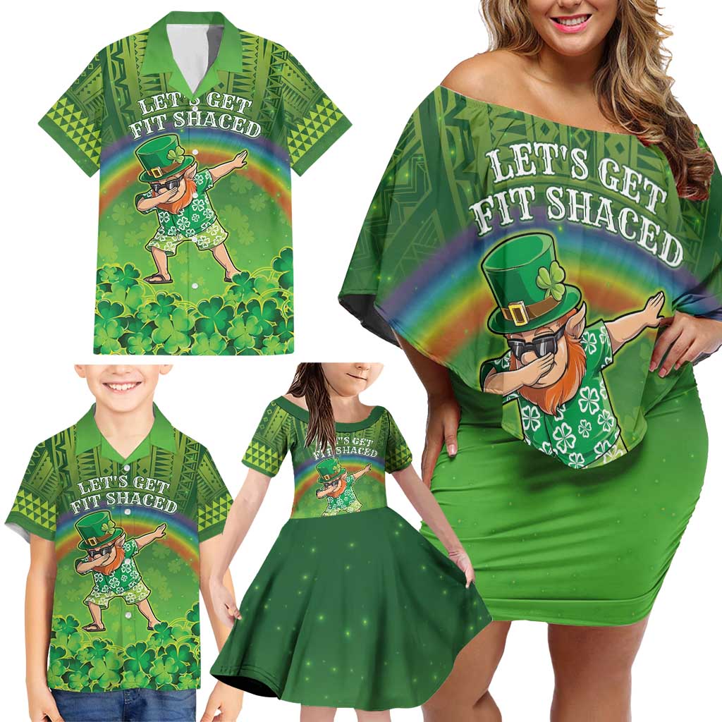 Personalised Hawaii Saint Patrick's Day Family Matching Off Shoulder Short Dress and Hawaiian Shirt Let's Get Fit Shaced LT05 - Polynesian Pride
