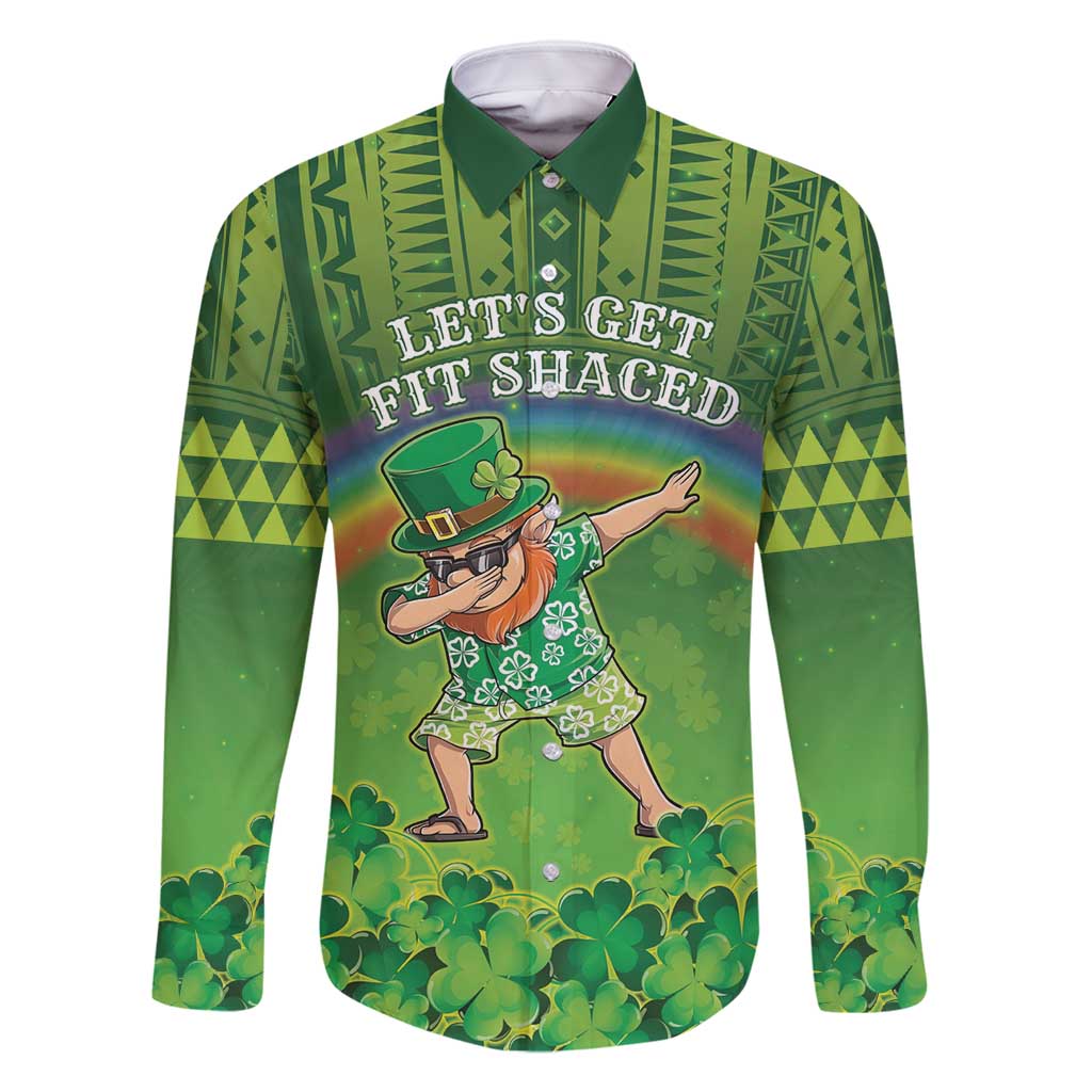 Personalised Hawaii Saint Patrick's Day Family Matching Off Shoulder Short Dress and Hawaiian Shirt Let's Get Fit Shaced LT05 Dad's Shirt - Long Sleeve Green - Polynesian Pride