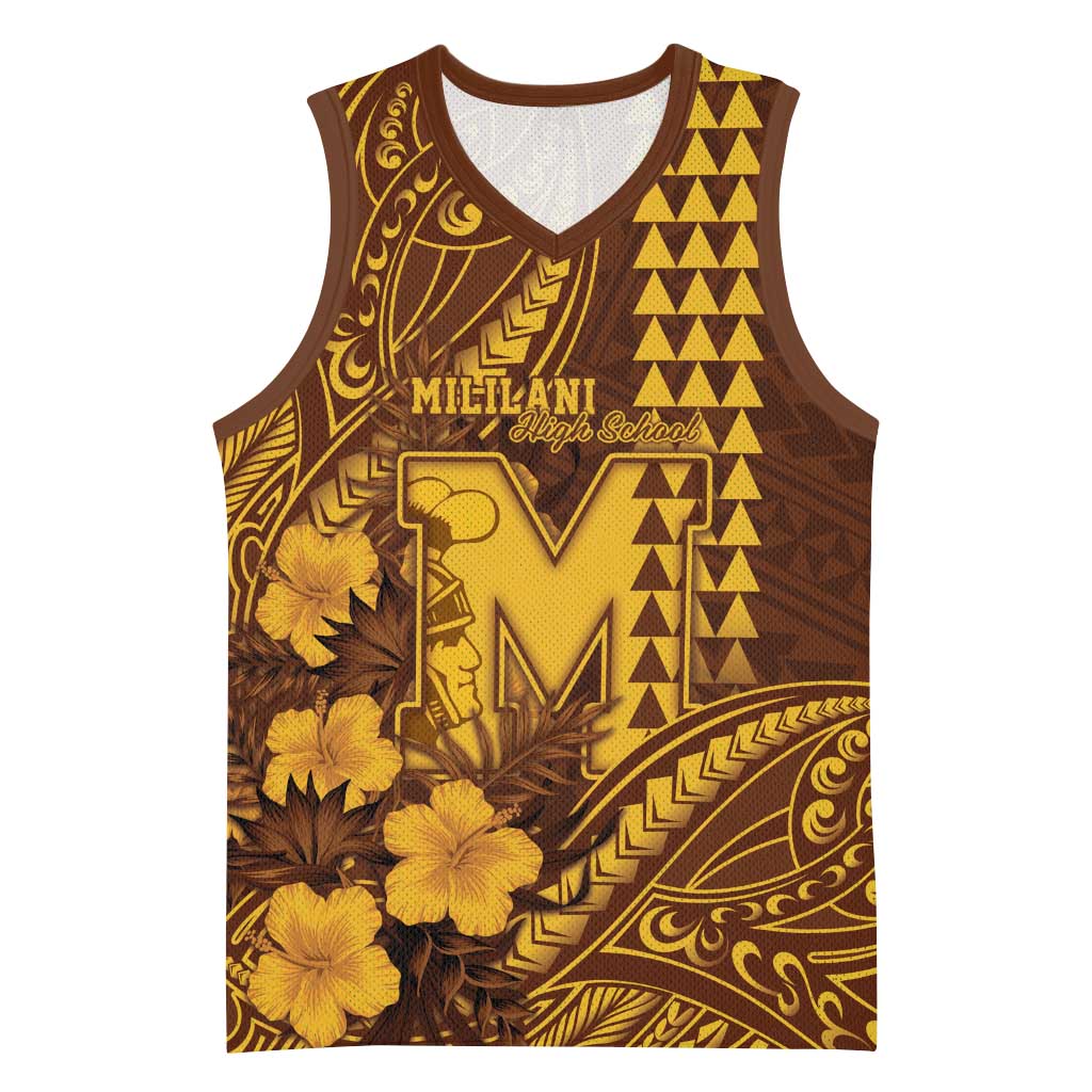 Personalised Hawaii Mililani High School Basketball Jersey Tribal Tattoo With Hibiscus Flowers LT05 Unisex Brown - Polynesian Pride