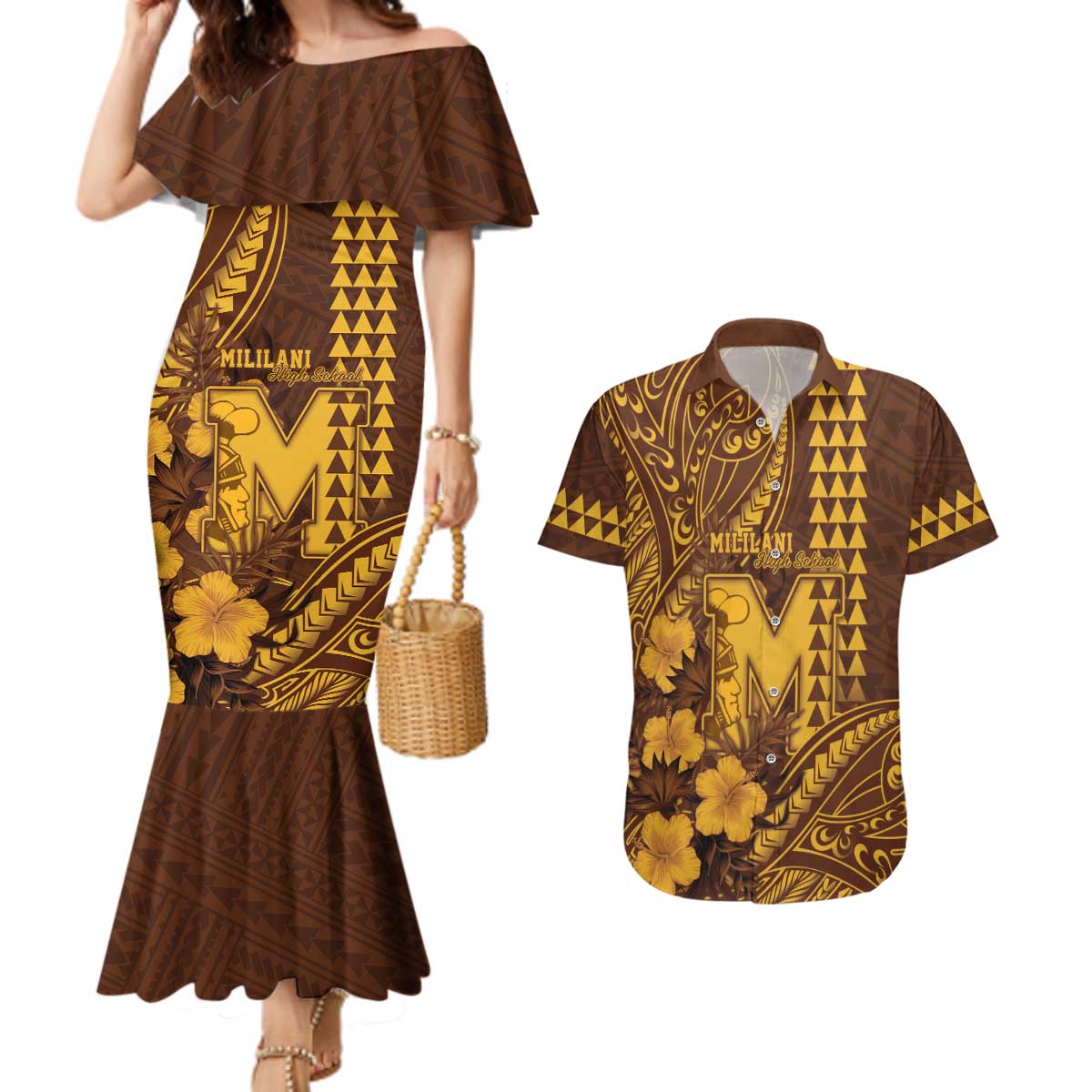 Personalised Hawaii Mililani High School Couples Matching Mermaid Dress and Hawaiian Shirt Tribal Tattoo With Hibiscus Flowers LT05 Brown - Polynesian Pride