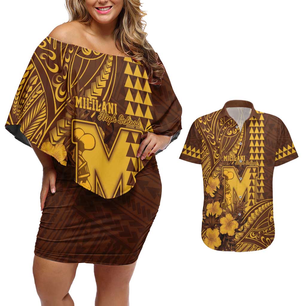 Personalised Hawaii Mililani High School Couples Matching Off Shoulder Short Dress and Hawaiian Shirt Tribal Tattoo With Hibiscus Flowers LT05 Brown - Polynesian Pride