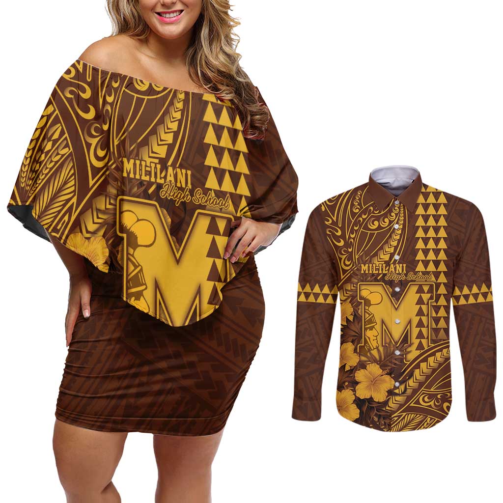 Personalised Hawaii Mililani High School Couples Matching Off Shoulder Short Dress and Long Sleeve Button Shirt Tribal Tattoo With Hibiscus Flowers LT05 Brown - Polynesian Pride