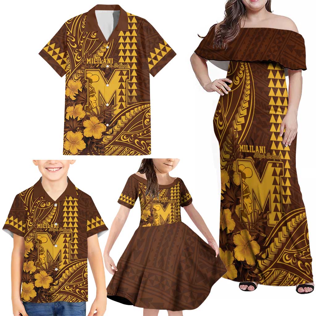 Personalised Hawaii Mililani High School Family Matching Off Shoulder Maxi Dress and Hawaiian Shirt Tribal Tattoo With Hibiscus Flowers LT05 - Polynesian Pride