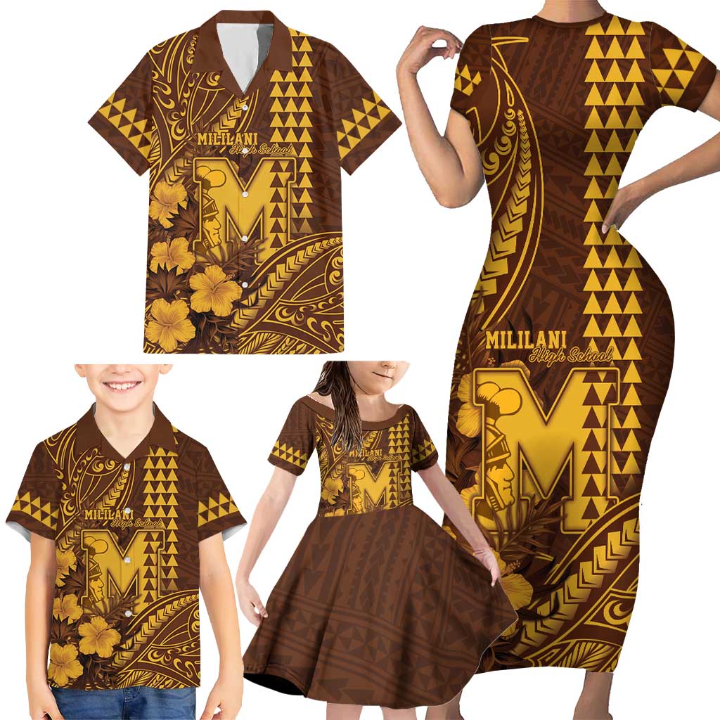 Personalised Hawaii Mililani High School Family Matching Short Sleeve Bodycon Dress and Hawaiian Shirt Tribal Tattoo With Hibiscus Flowers LT05 - Polynesian Pride