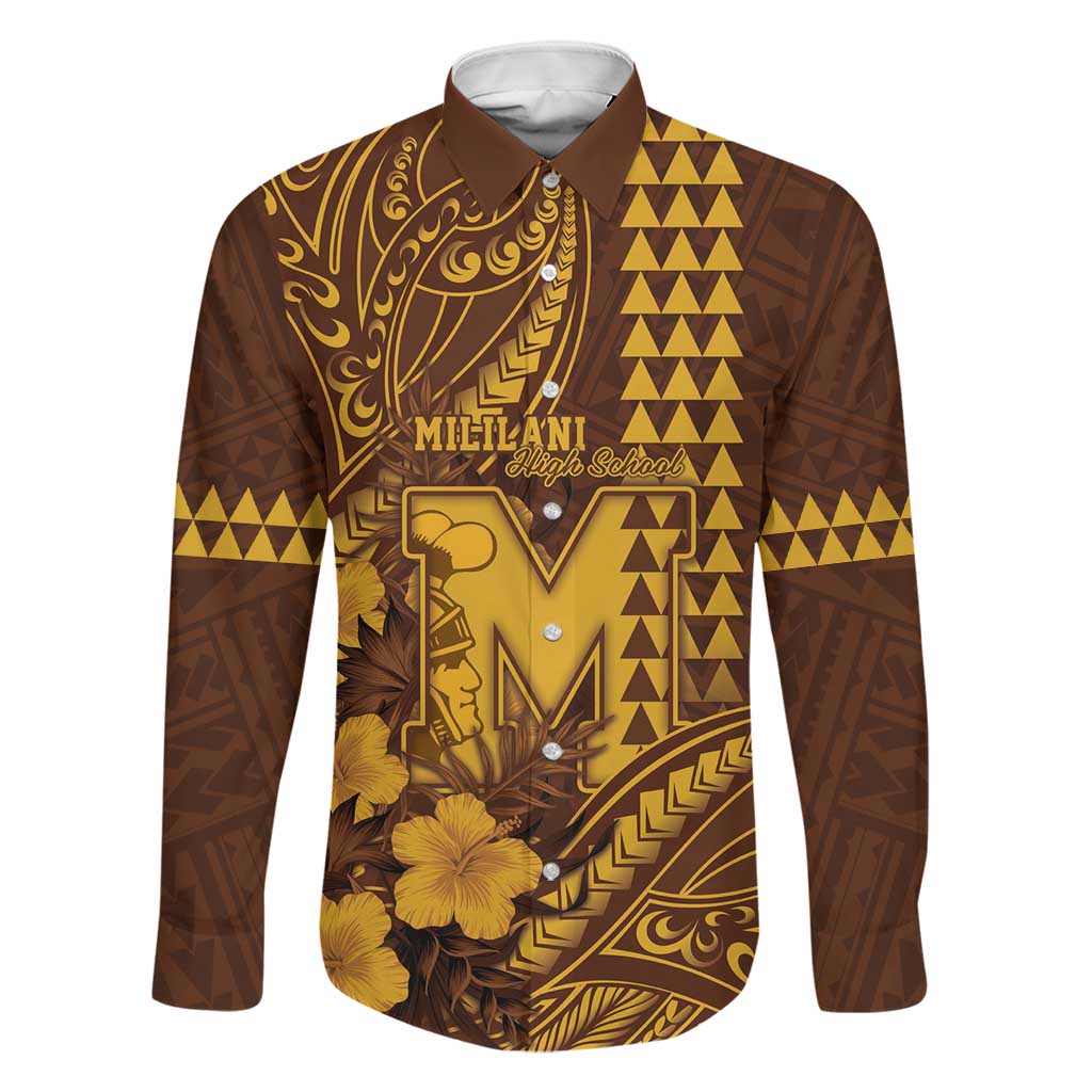 Personalised Hawaii Mililani High School Family Matching Summer Maxi Dress and Hawaiian Shirt Tribal Tattoo With Hibiscus Flowers LT05 Dad's Shirt - Long Sleeve Brown - Polynesian Pride