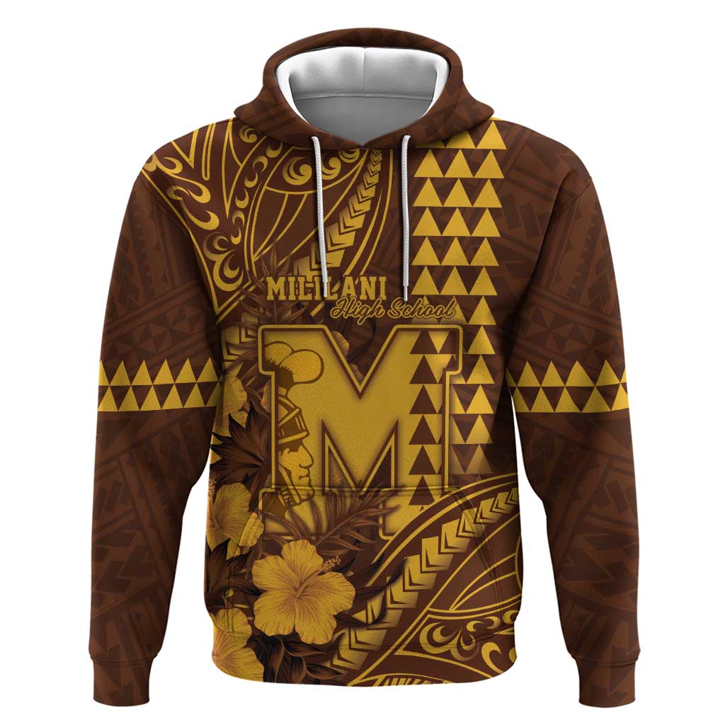 Personalised Hawaii Mililani High School Hoodie Tribal Tattoo With Hibiscus Flowers LT05 Pullover Hoodie Brown - Polynesian Pride
