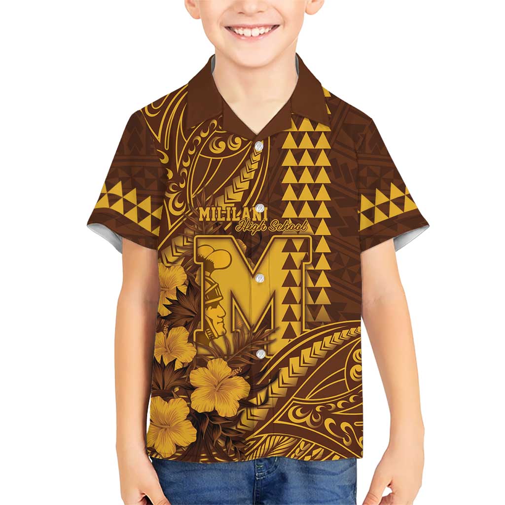 Personalised Hawaii Mililani High School Kid Hawaiian Shirt Tribal Tattoo With Hibiscus Flowers LT05 Kid Brown - Polynesian Pride