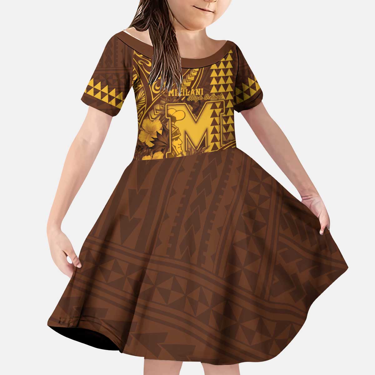 Personalised Hawaii Mililani High School Kid Short Sleeve Dress Tribal Tattoo With Hibiscus Flowers LT05 KID Brown - Polynesian Pride
