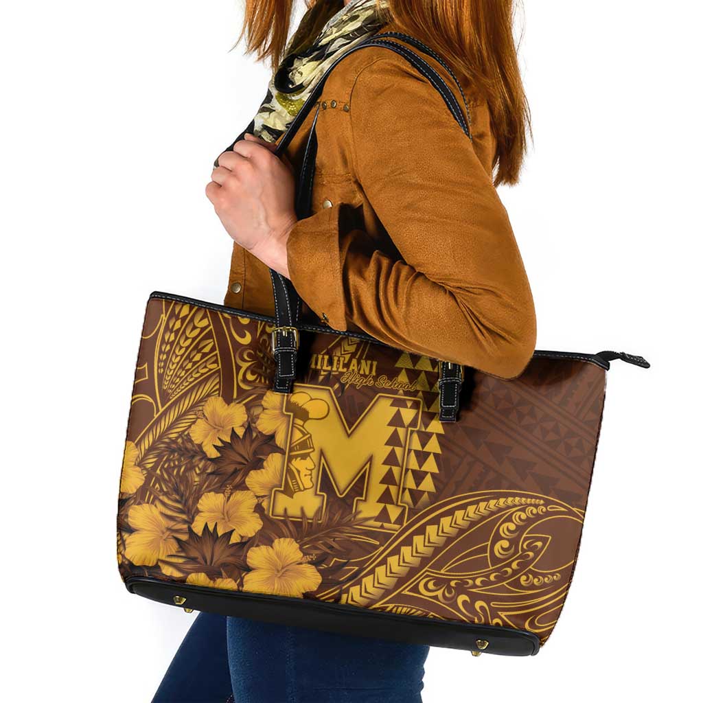 Hawaii Mililani High School Leather Tote Bag Tribal Tattoo With Hibiscus Flowers