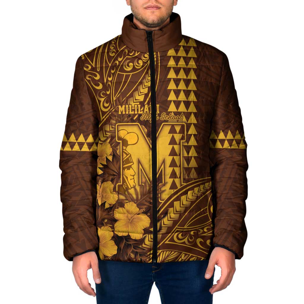 Personalised Hawaii Mililani High School Padded Jacket Tribal Tattoo With Hibiscus Flowers