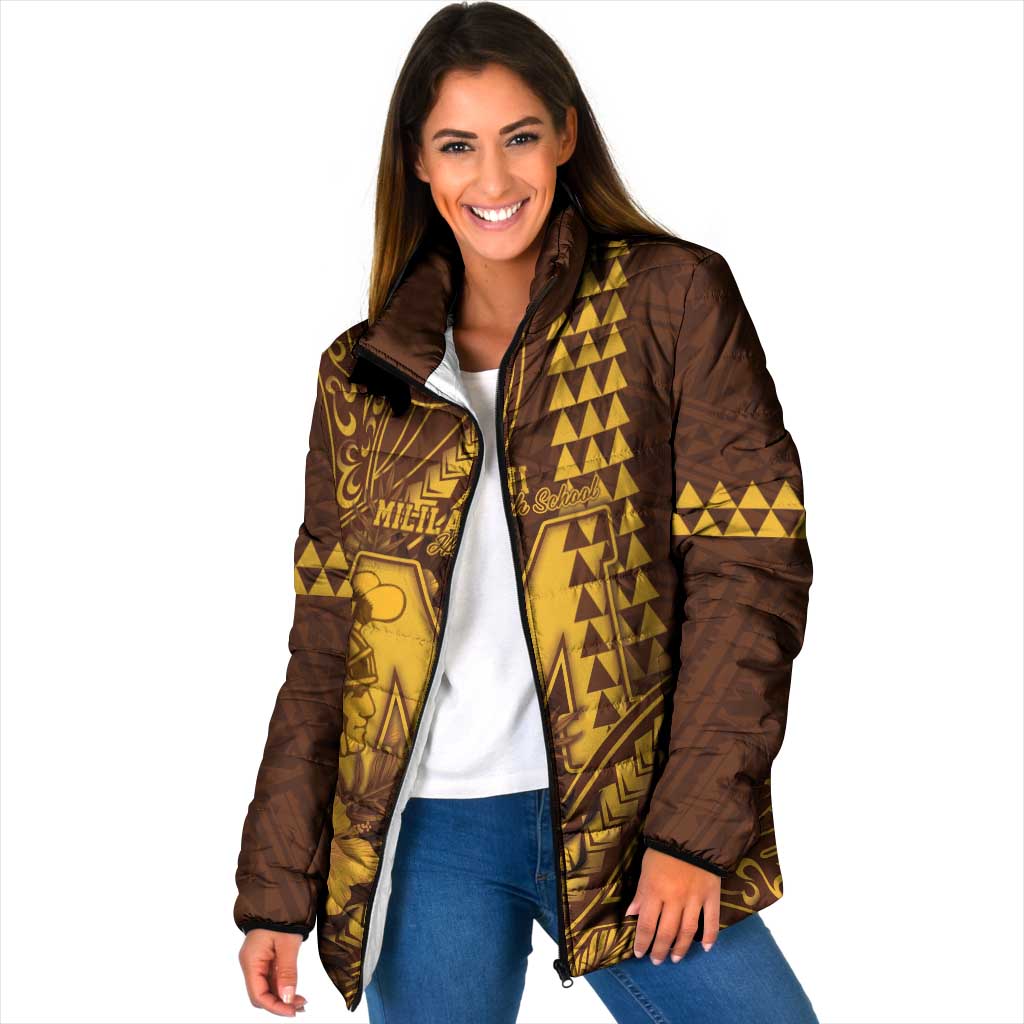Personalised Hawaii Mililani High School Padded Jacket Tribal Tattoo With Hibiscus Flowers LT05 Women Brown - Polynesian Pride