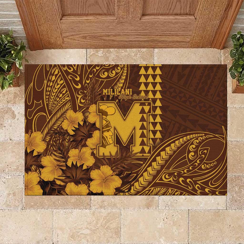 Hawaii Mililani High School Rubber Doormat Tribal Tattoo With Hibiscus Flowers LT05 Brown - Polynesian Pride