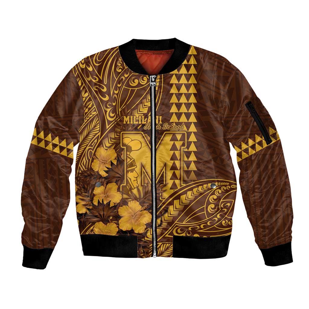 Personalised Hawaii Mililani High School Sleeve Zip Bomber Jacket Tribal Tattoo With Hibiscus Flowers LT05 Unisex Brown - Polynesian Pride