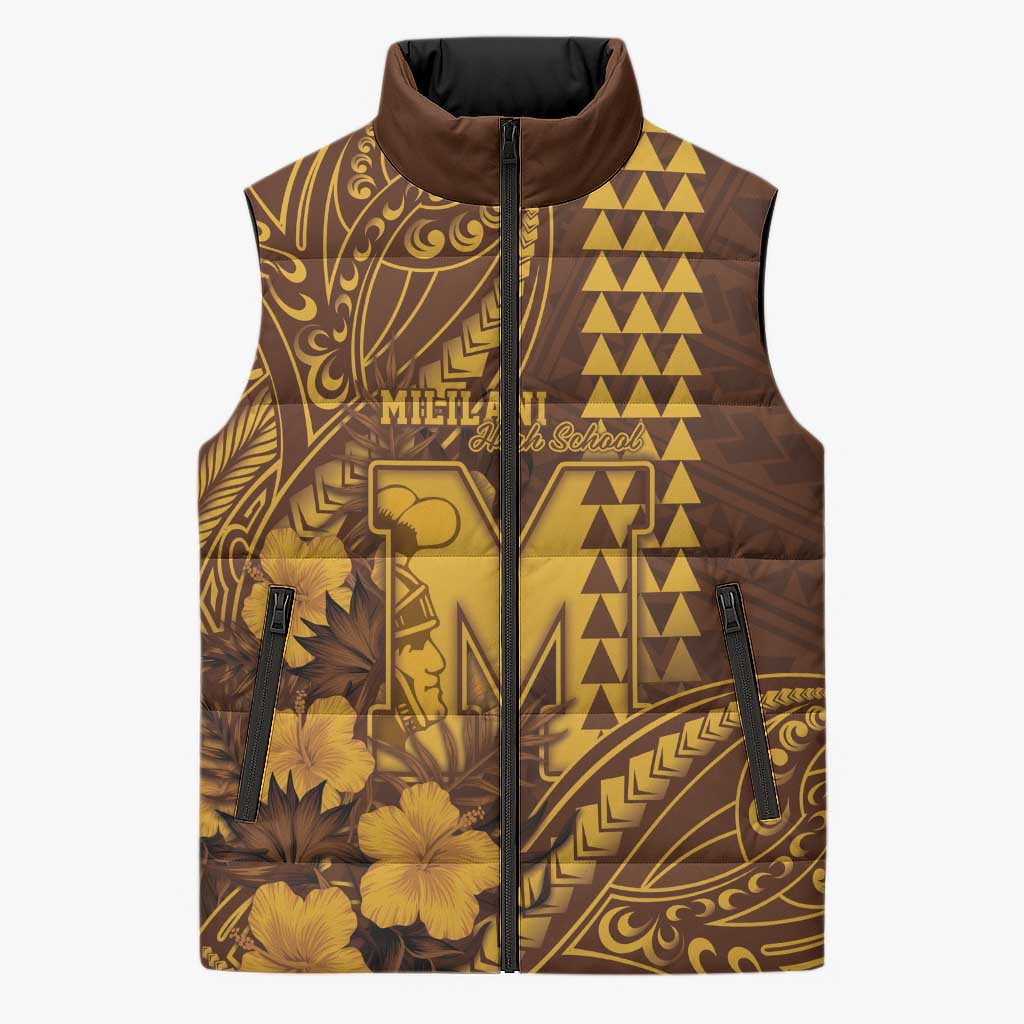 Personalised Hawaii Mililani High School Sleeveless Puffer Jacket Tribal Tattoo With Hibiscus Flowers