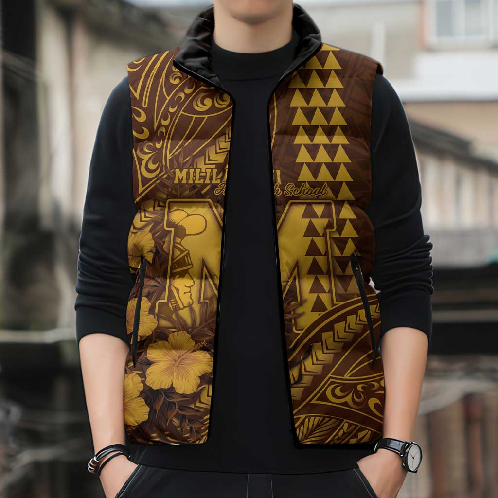 Personalised Hawaii Mililani High School Sleeveless Puffer Jacket Tribal Tattoo With Hibiscus Flowers LT05 - Polynesian Pride