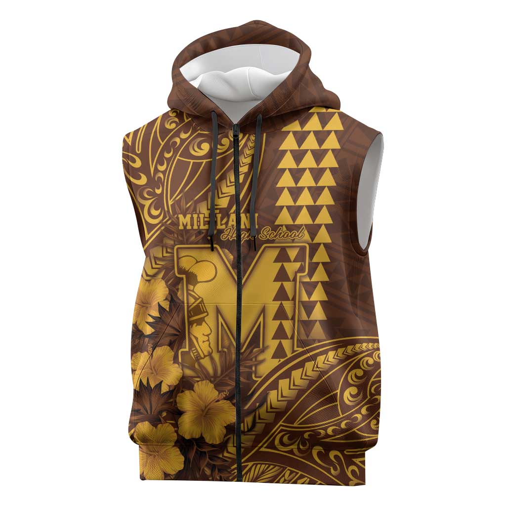 Personalised Hawaii Mililani High School Sleeveless Zip Hoodie Tribal Tattoo With Hibiscus Flowers