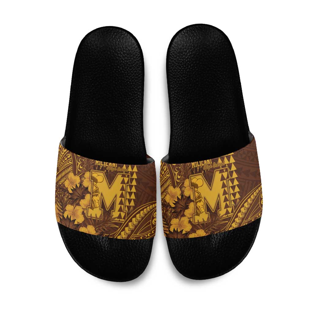 Hawaii Mililani High School Slide Sandals Tribal Tattoo With Hibiscus Flowers