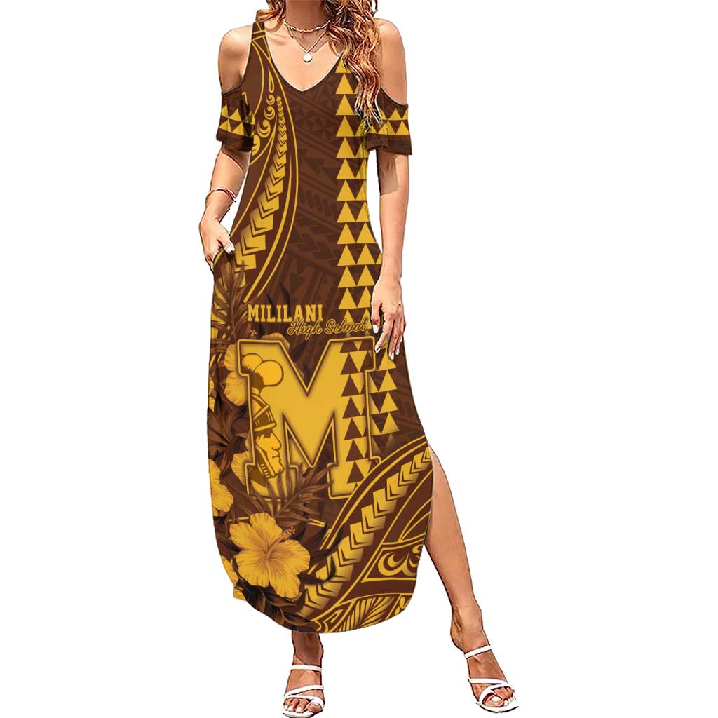 Personalised Hawaii Mililani High School Summer Maxi Dress Tribal Tattoo With Hibiscus Flowers LT05 Women Brown - Polynesian Pride