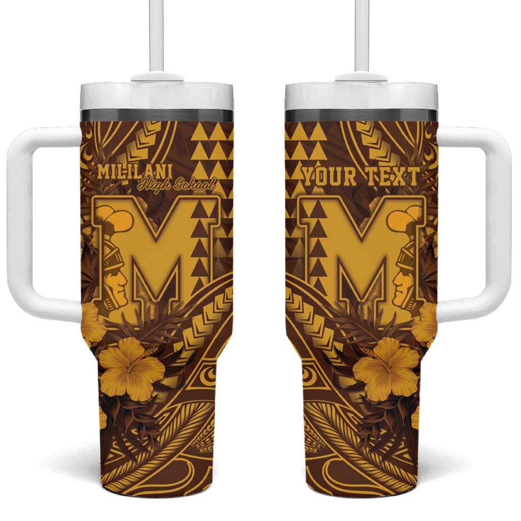 Personalised Hawaii Mililani High School Tumbler With Handle Tribal Tattoo With Hibiscus Flowers