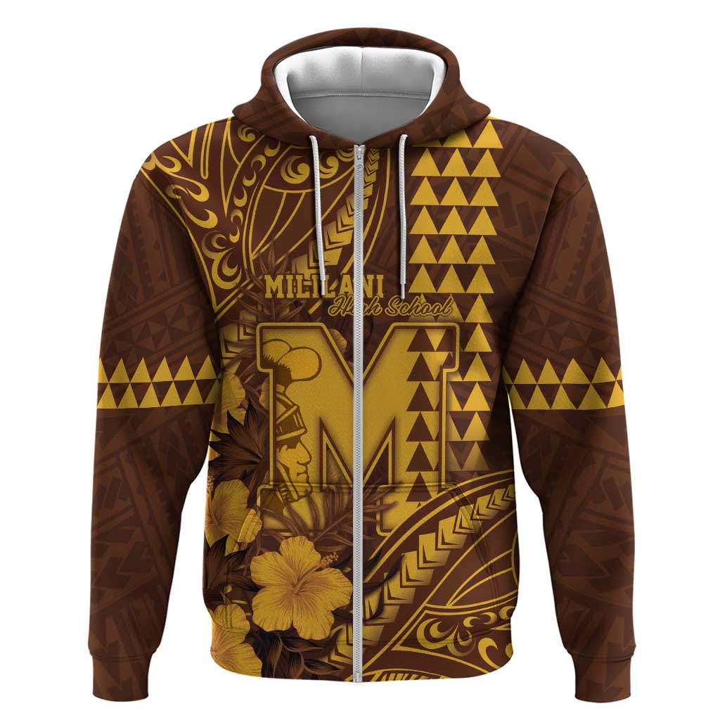 Personalised Hawaii Mililani High School Zip Hoodie Tribal Tattoo With Hibiscus Flowers LT05 Zip Hoodie Brown - Polynesian Pride