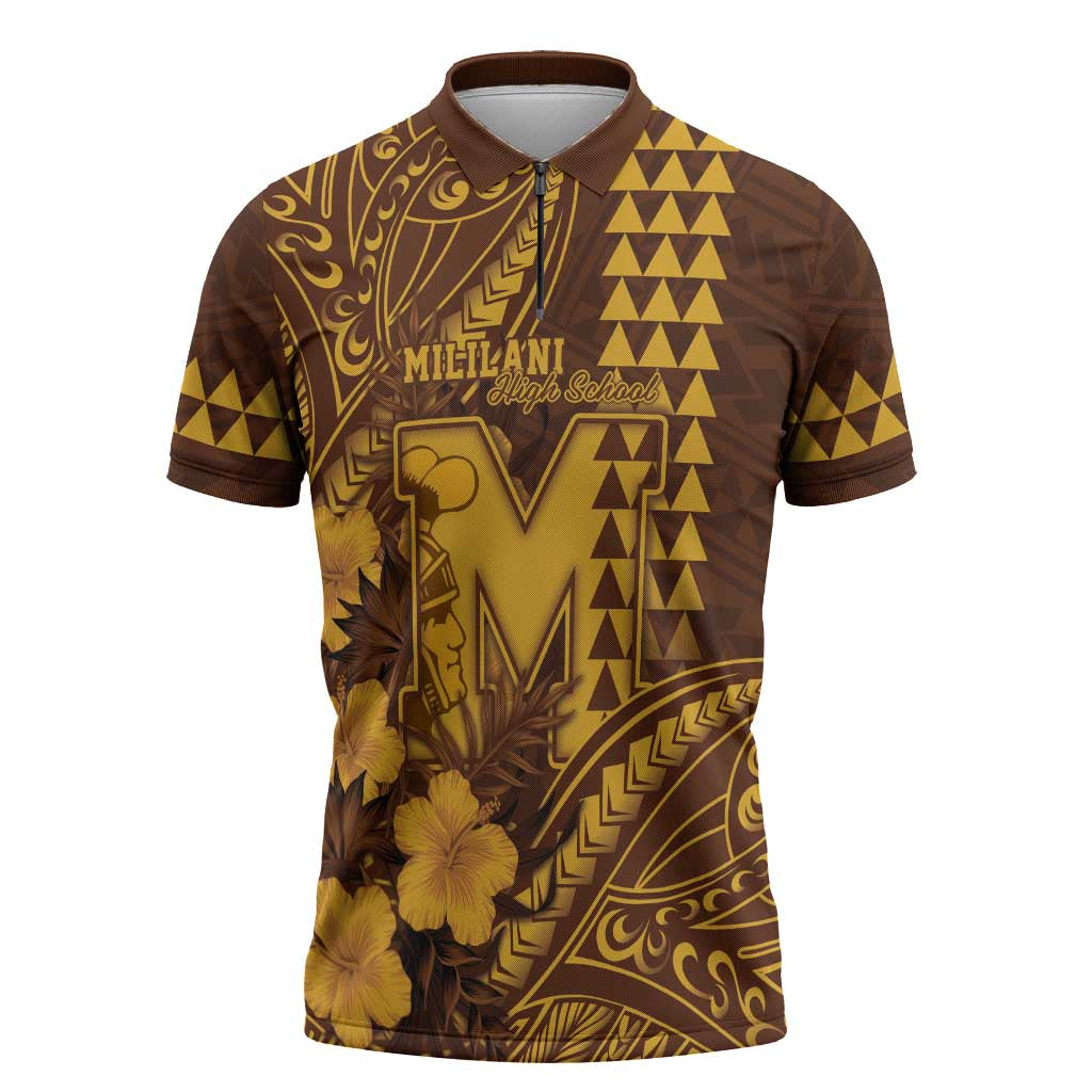 Personalised Hawaii Mililani High School Zipper Polo Shirt Tribal Tattoo With Hibiscus Flowers
