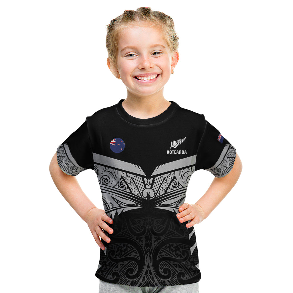 Custom New Zealand Cricket Kid T Shirt Go Champions World Cup 2024 With Maori Pattern LT05 Black - Polynesian Pride