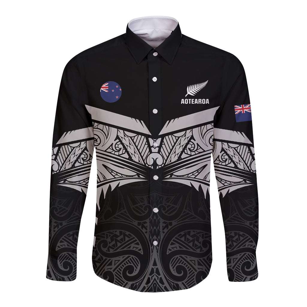 Custom New Zealand Cricket Long Sleeve Button Shirt Go Champions World Cup 2024 With Maori Pattern LT05 Unisex Black - Polynesian Pride