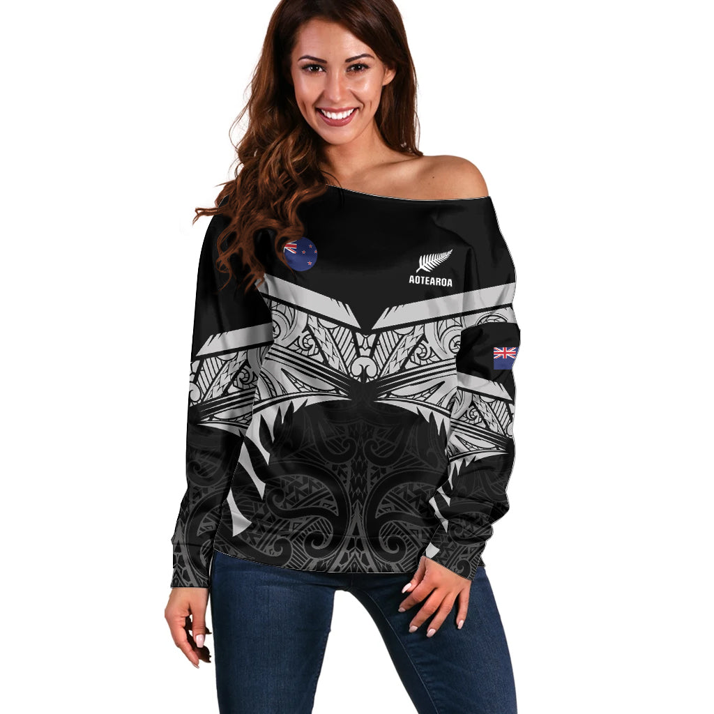 Custom New Zealand Cricket Off Shoulder Sweater Go Champions World Cup 2024 With Maori Pattern LT05 Women Black - Polynesian Pride
