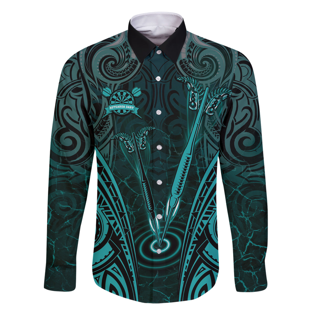 Personalised New Zealand Darts Family Matching Long Sleeve Bodycon Dress and Hawaiian Shirt Turquoise Dart Board Maori Pattern