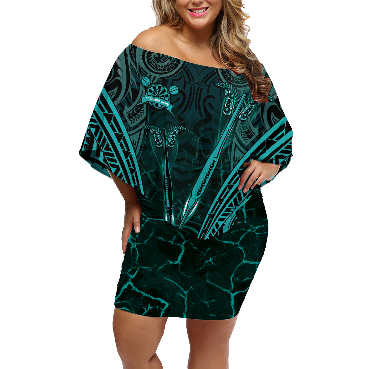 Personalised New Zealand Darts Family Matching Off Shoulder Short Dress and Hawaiian Shirt Turquoise Dart Board Maori Pattern