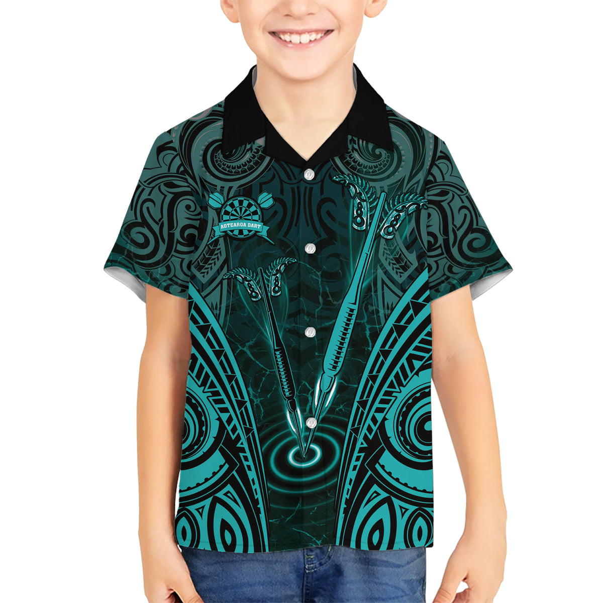 Personalised New Zealand Darts Hawaiian Shirt Turquoise Dart Board Maori Pattern