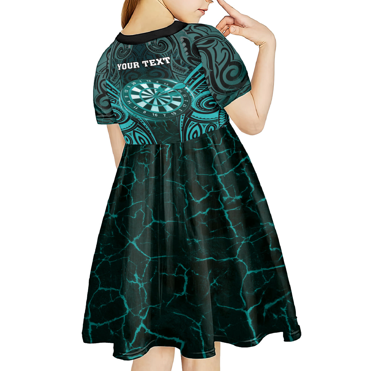Personalised New Zealand Darts Kid Short Sleeve Dress Turquoise Dart Board Maori Pattern