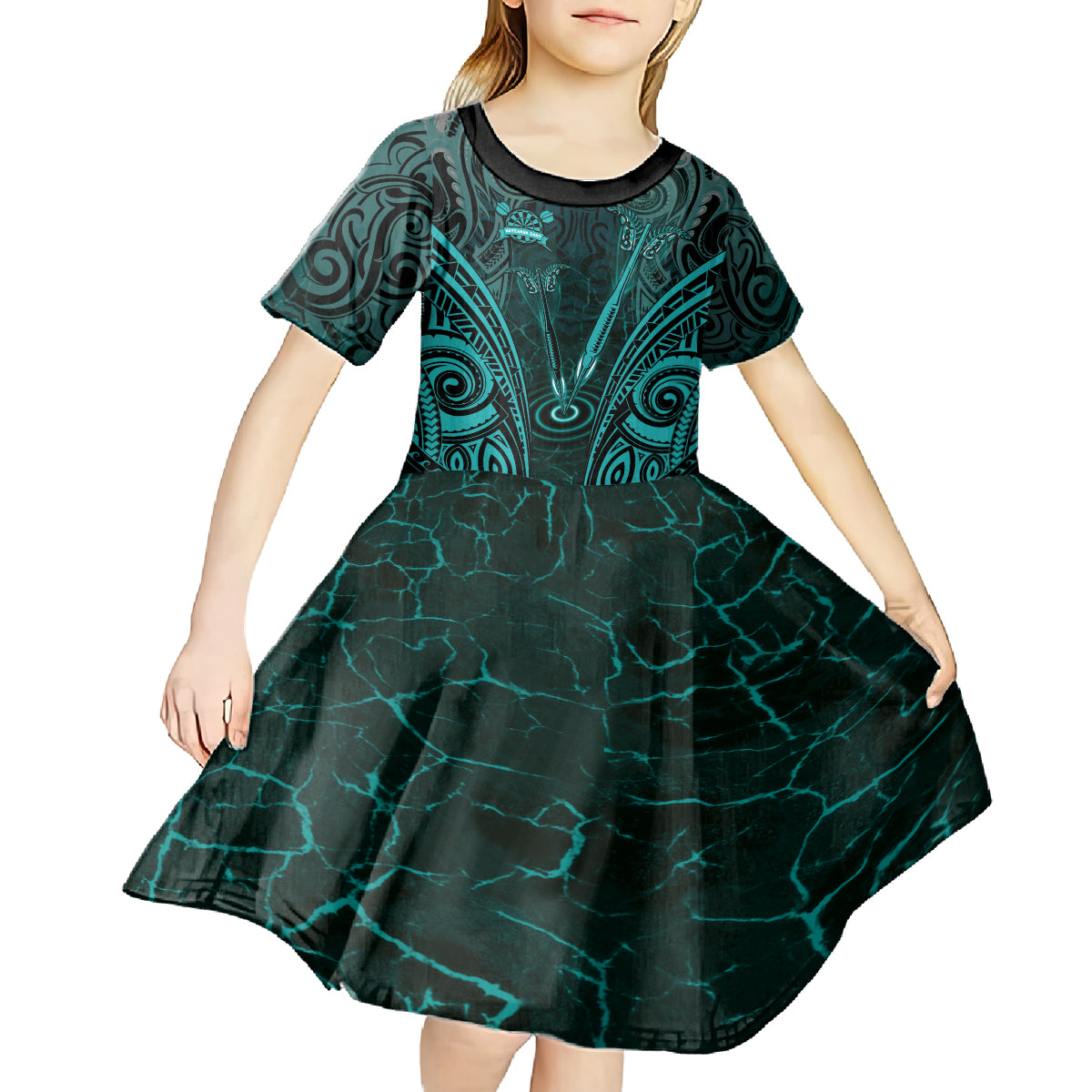 Personalised New Zealand Darts Kid Short Sleeve Dress Turquoise Dart Board Maori Pattern