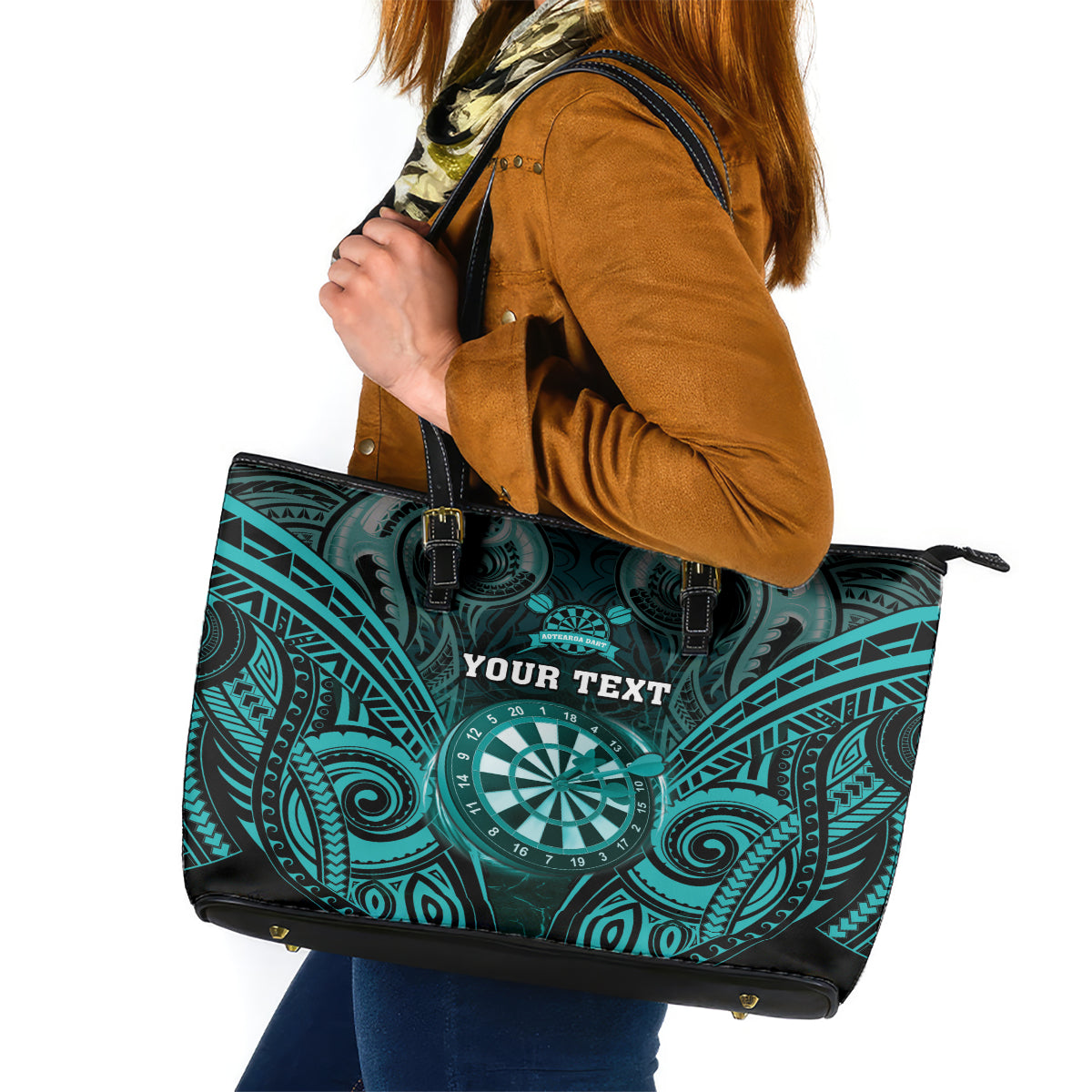 Personalised New Zealand Darts Leather Tote Bag Turquoise Dart Board Maori Pattern