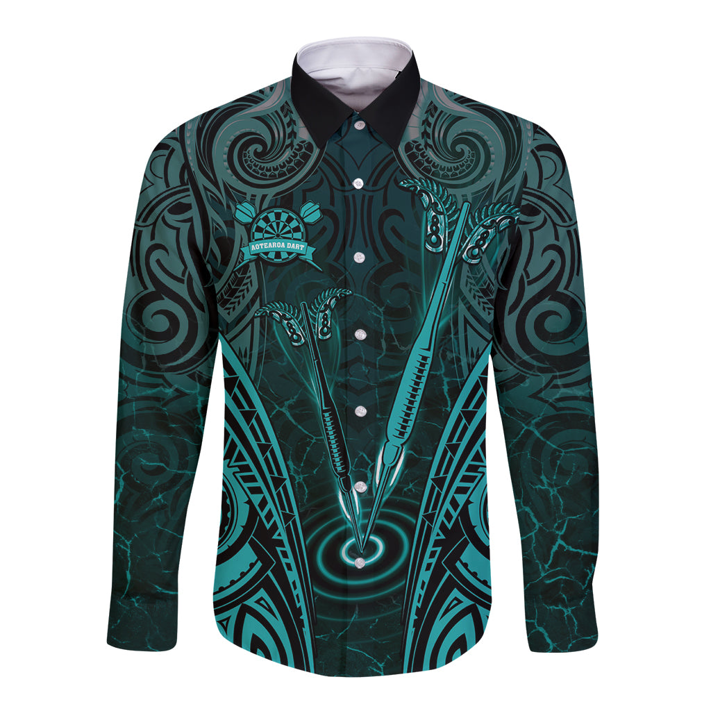 Personalised New Zealand Darts Long Sleeve Button Shirt Turquoise Dart Board Maori Pattern
