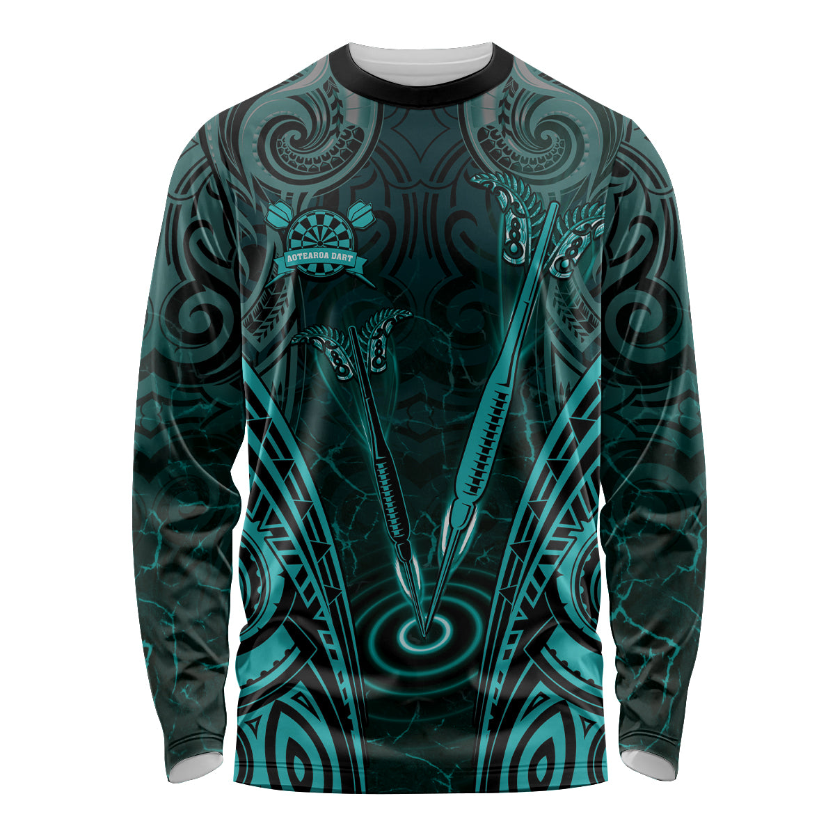 Personalised New Zealand Darts Long Sleeve Shirt Turquoise Dart Board Maori Pattern