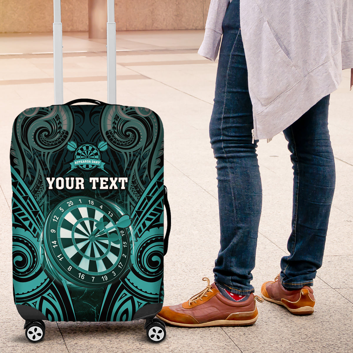 Personalised New Zealand Darts Luggage Cover Turquoise Dart Board Maori Pattern