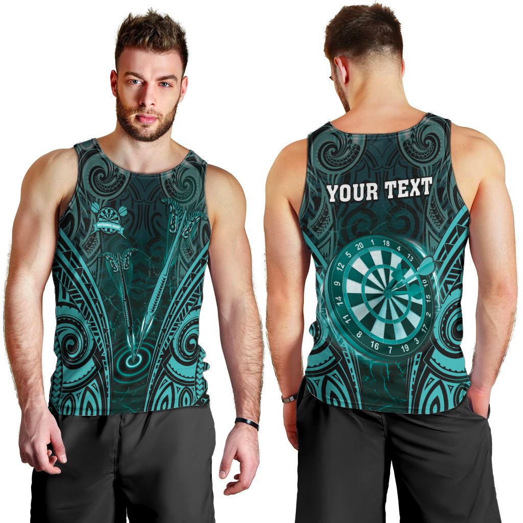 Personalised New Zealand Darts Men Tank Top Turquoise Dart Board Maori Pattern