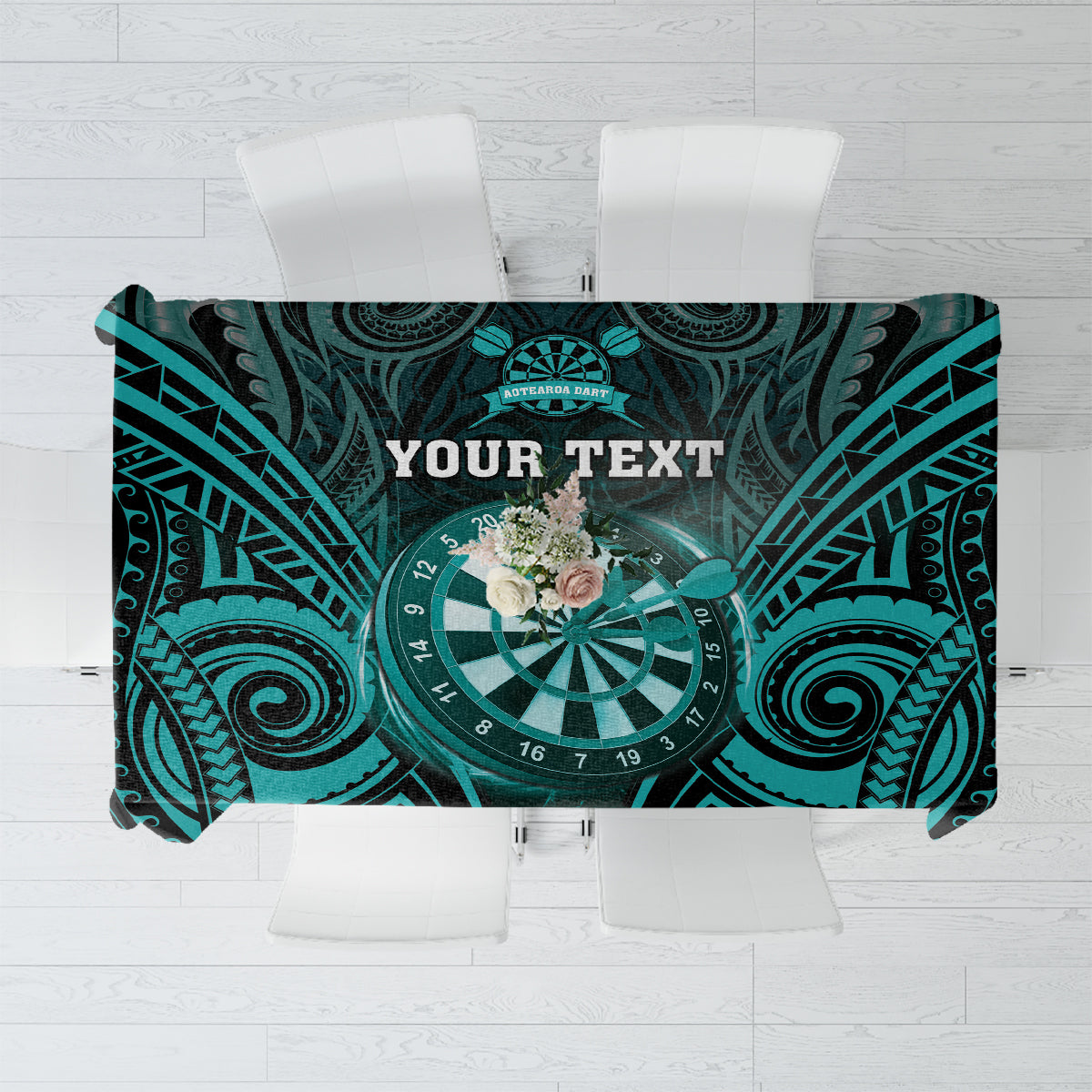 Personalised New Zealand Darts Tablecloth Turquoise Dart Board Maori Pattern