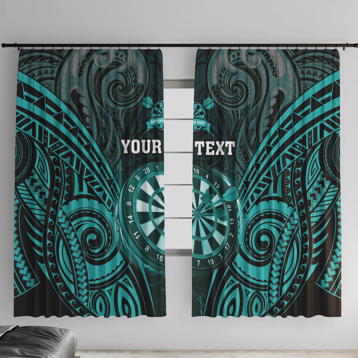 Personalised New Zealand Darts Window Curtain Turquoise Dart Board Maori Pattern