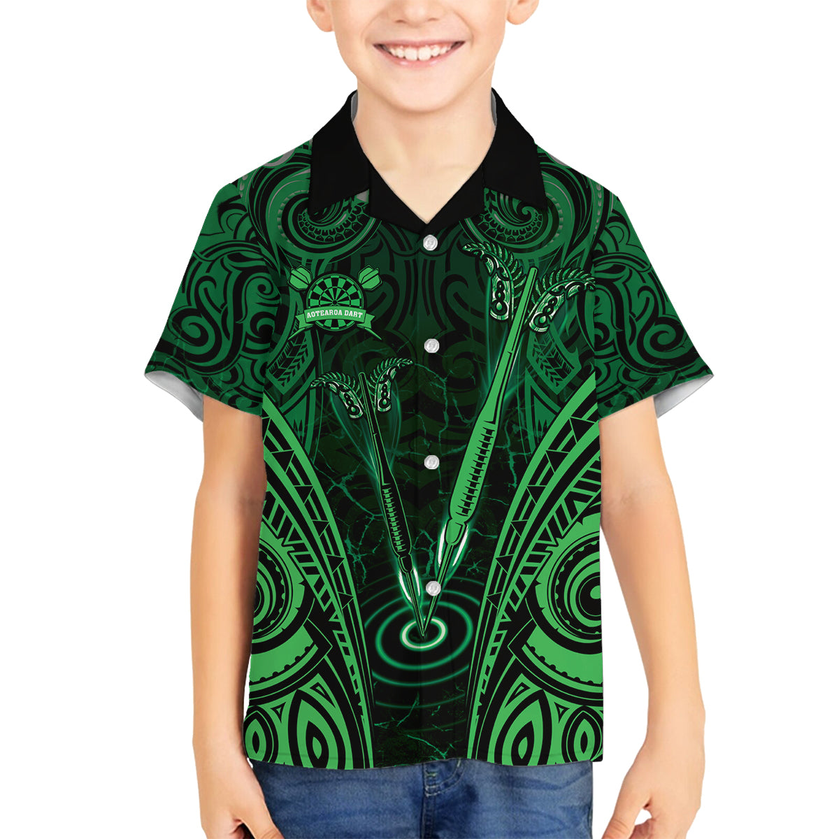 Personalised New Zealand Darts Family Matching Summer Maxi Dress and Hawaiian Shirt Green Dart Board Maori Pattern