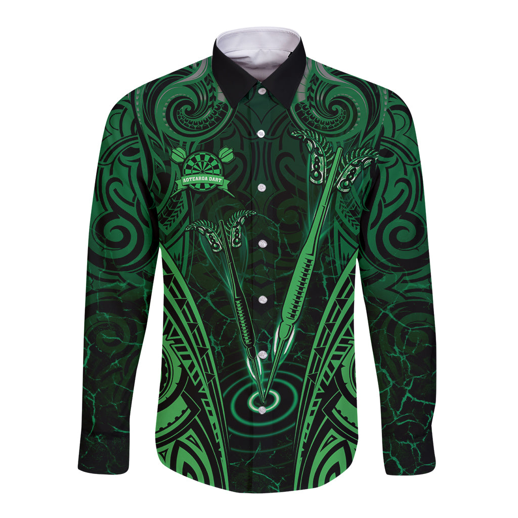 Personalised New Zealand Darts Long Sleeve Button Shirt Green Dart Board Maori Pattern