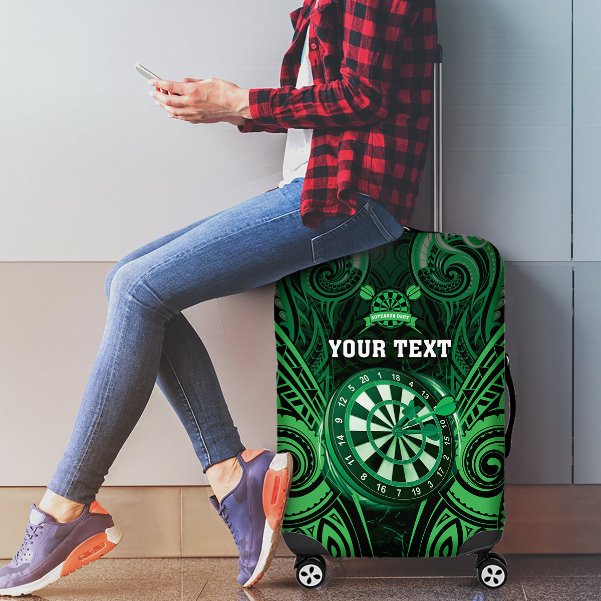 Personalised New Zealand Darts Luggage Cover Green Dart Board Maori Pattern