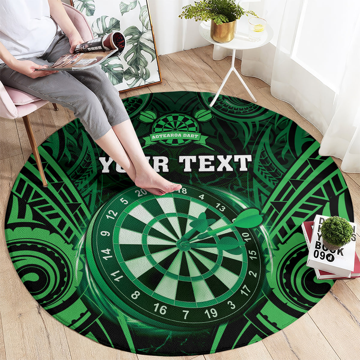 Personalised New Zealand Darts Round Carpet Green Dart Board Maori Pattern